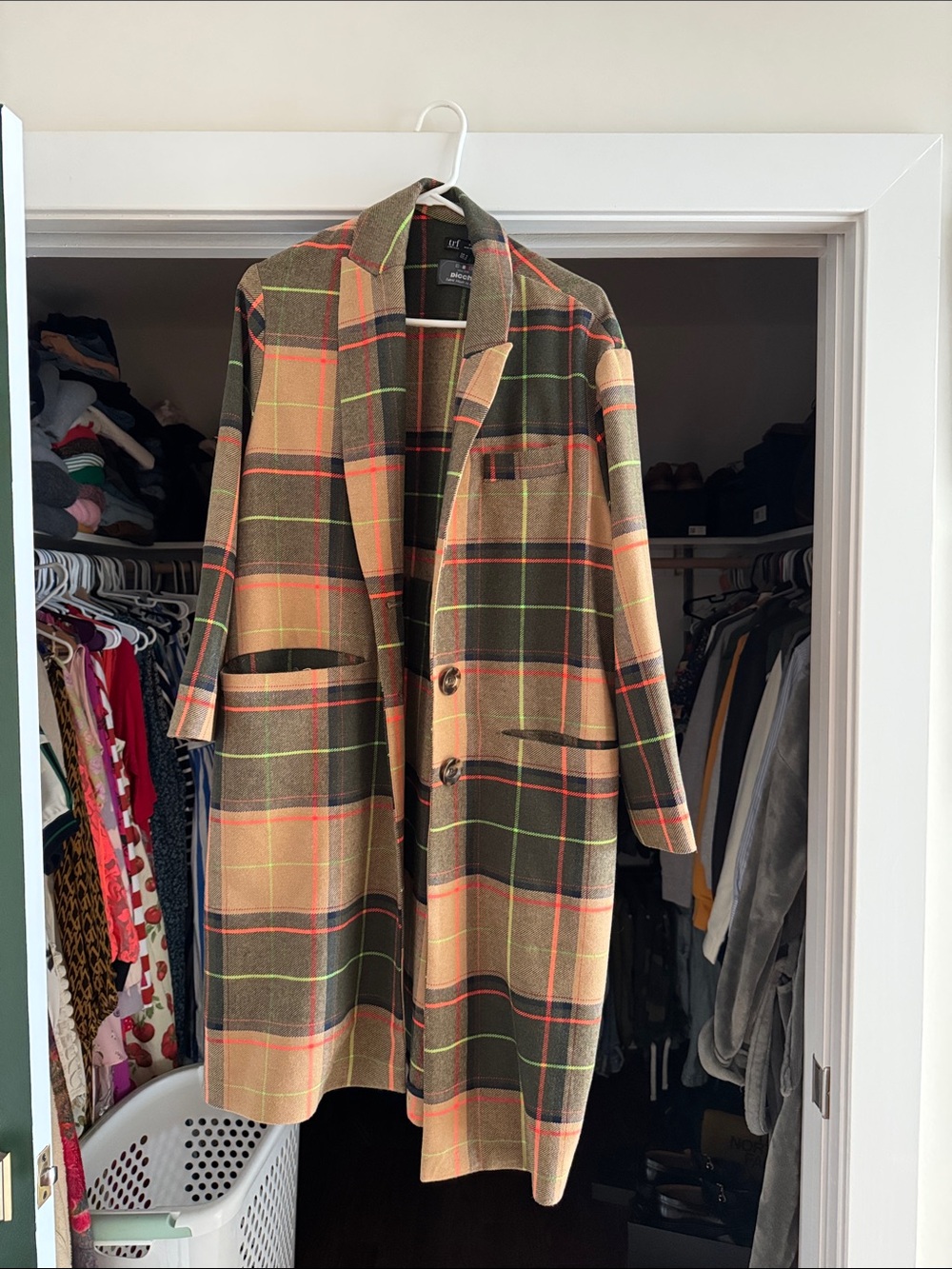 Zara Olive, Tan & Coral Plaid Pea Coat
